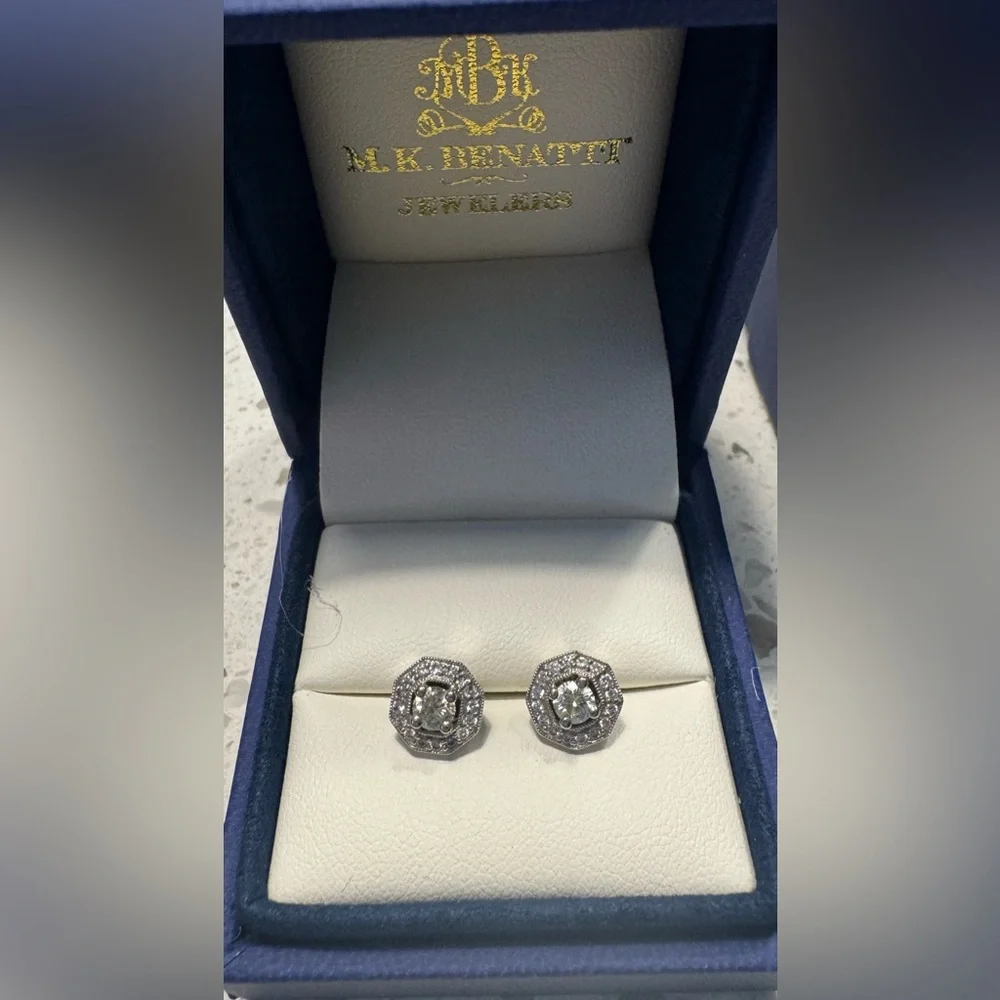 14k White Gold Genuine Diamond Center Halo Style Earrings - Picture 2 of 7